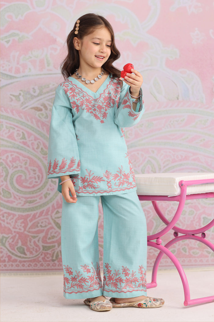 Kids Powder Blue Cotton Kurta Set  with Kashmiri Aari Work