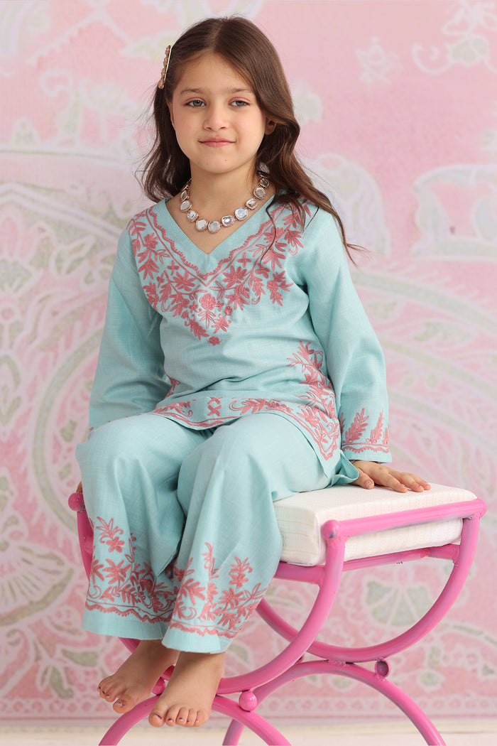 Kids Powder Blue Cotton Kurta Set  with Kashmiri Aari Work