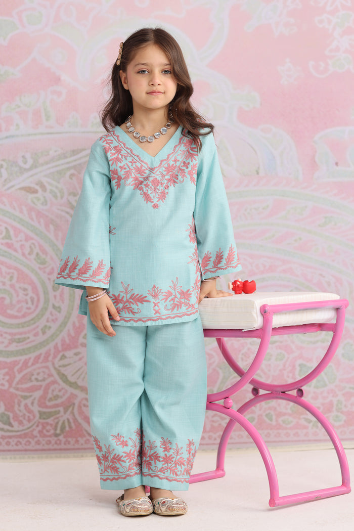 Kids Powder Blue Cotton Kurta Set  with Kashmiri Aari Work