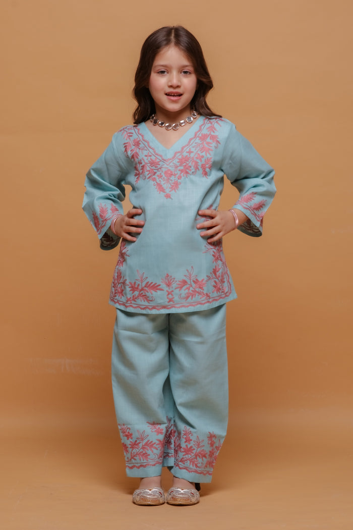Kids Powder Blue Cotton Kurta Set  with Kashmiri Aari Work