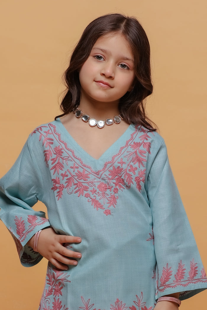Kids Powder Blue Cotton Kurta Set  with Kashmiri Aari Work