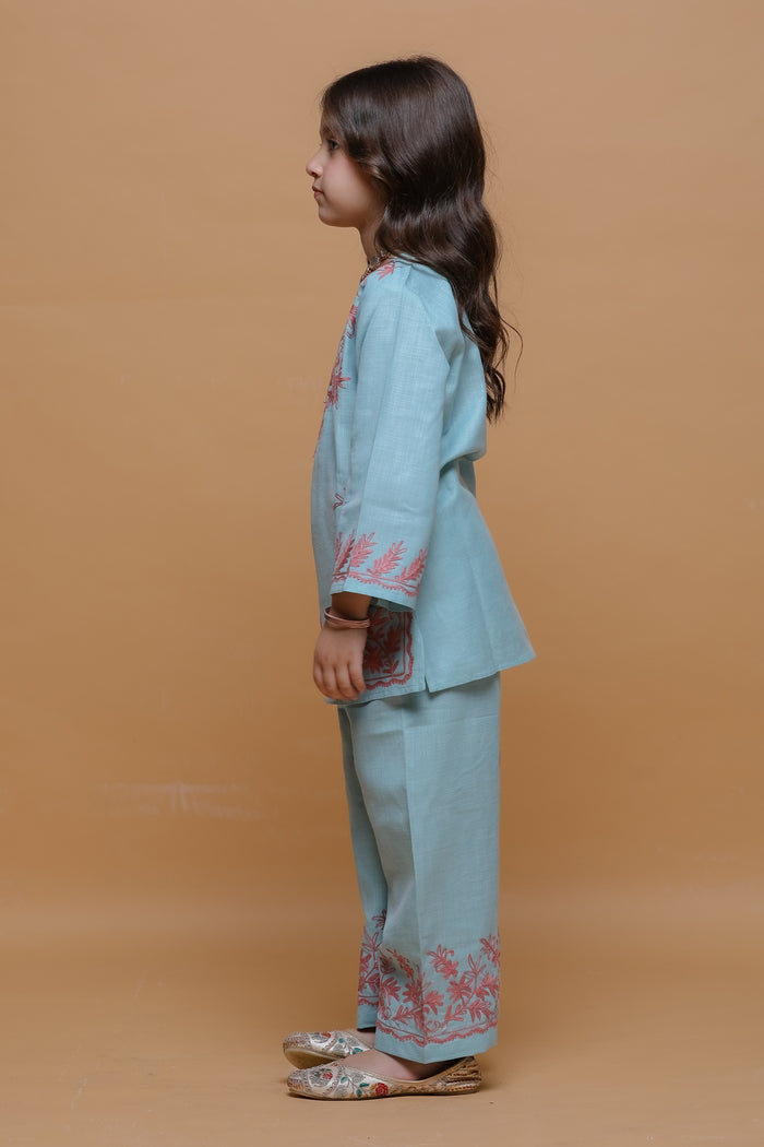 Kids Powder Blue Cotton Kurta Set  with Kashmiri Aari Work