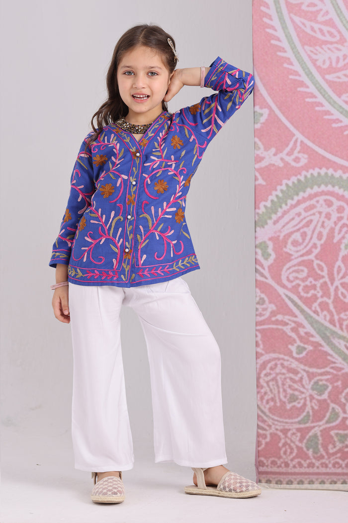 Kids Royal Blue Cotton Short Jacket with Kashmiri Aari Work