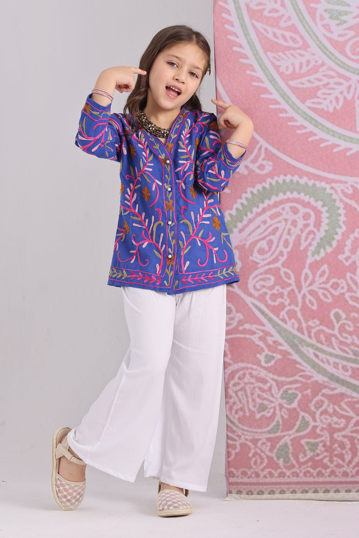 Kids Royal Blue Cotton Short Jacket with Kashmiri Aari Work