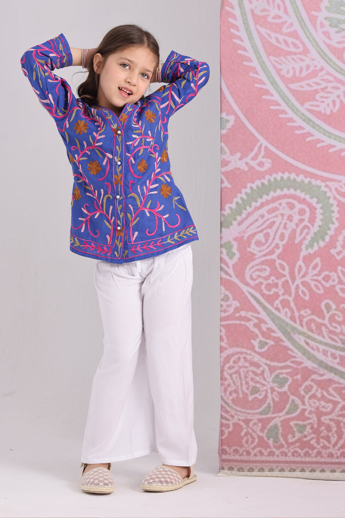 Kids Royal Blue Cotton Short Jacket with Kashmiri Aari Work
