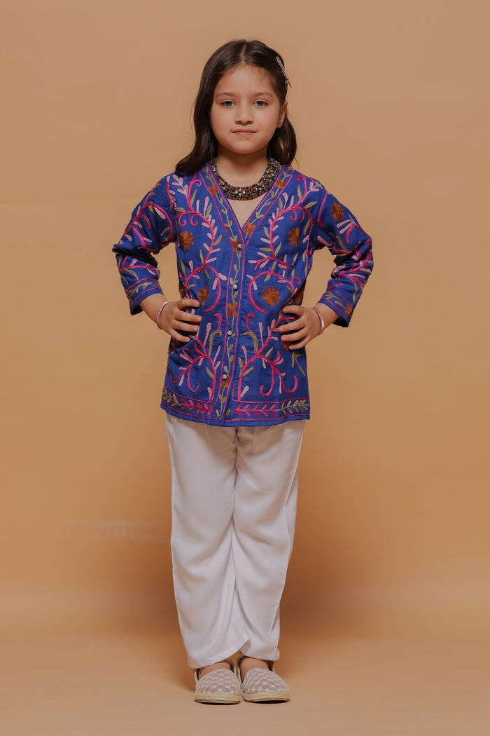 Kids Royal Blue Cotton Short Jacket with Kashmiri Aari Work