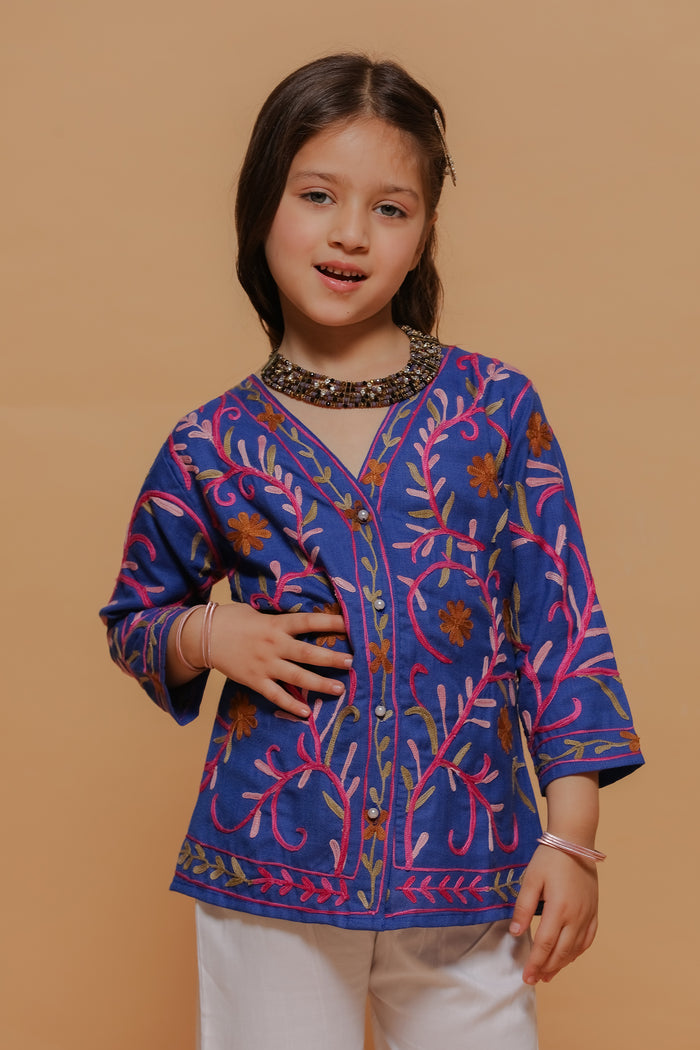 Kids Royal Blue Cotton Short Jacket with Kashmiri Aari Work