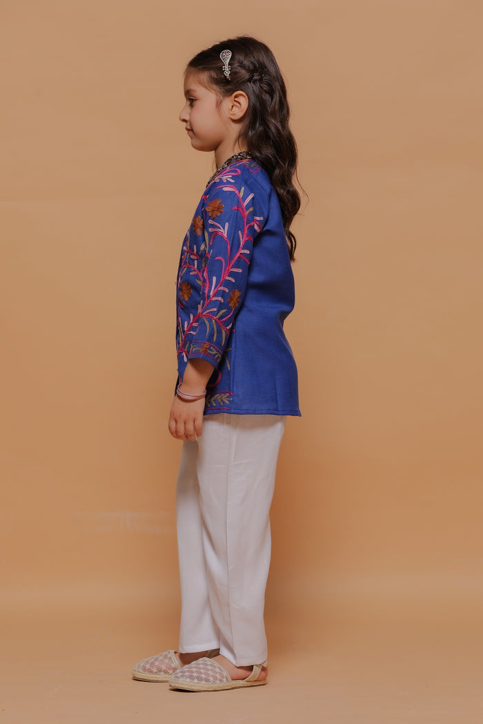 Kids Royal Blue Cotton Short Jacket with Kashmiri Aari Work