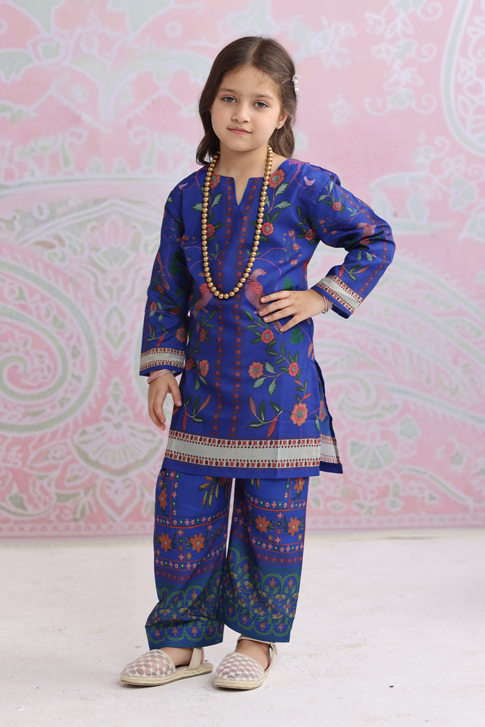 Kids Royal Blue Floral Printed Lawn Cotton Co-ord Set
