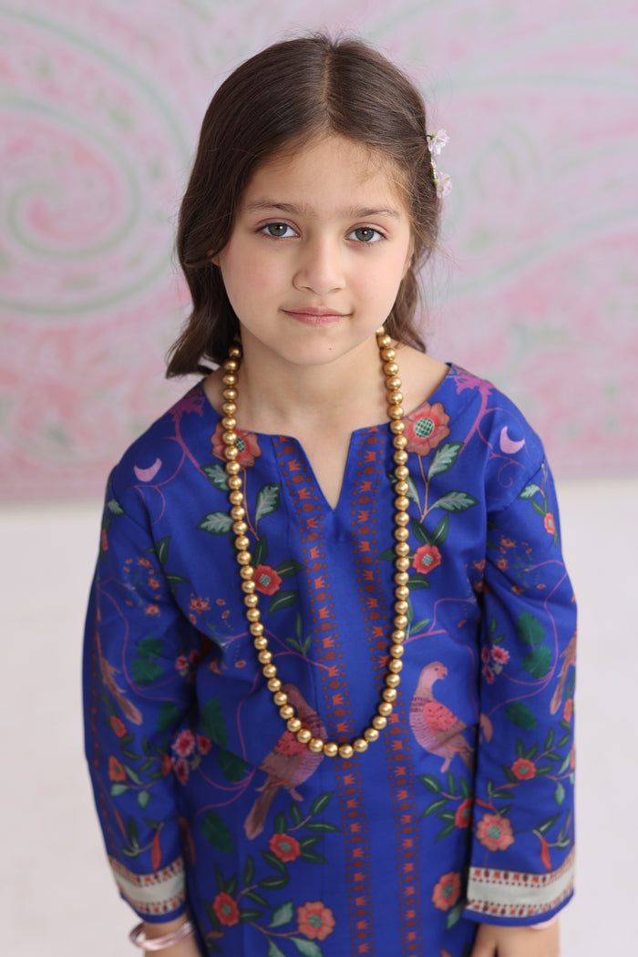 Kids Royal Blue Floral Printed Lawn Cotton Co-ord Set