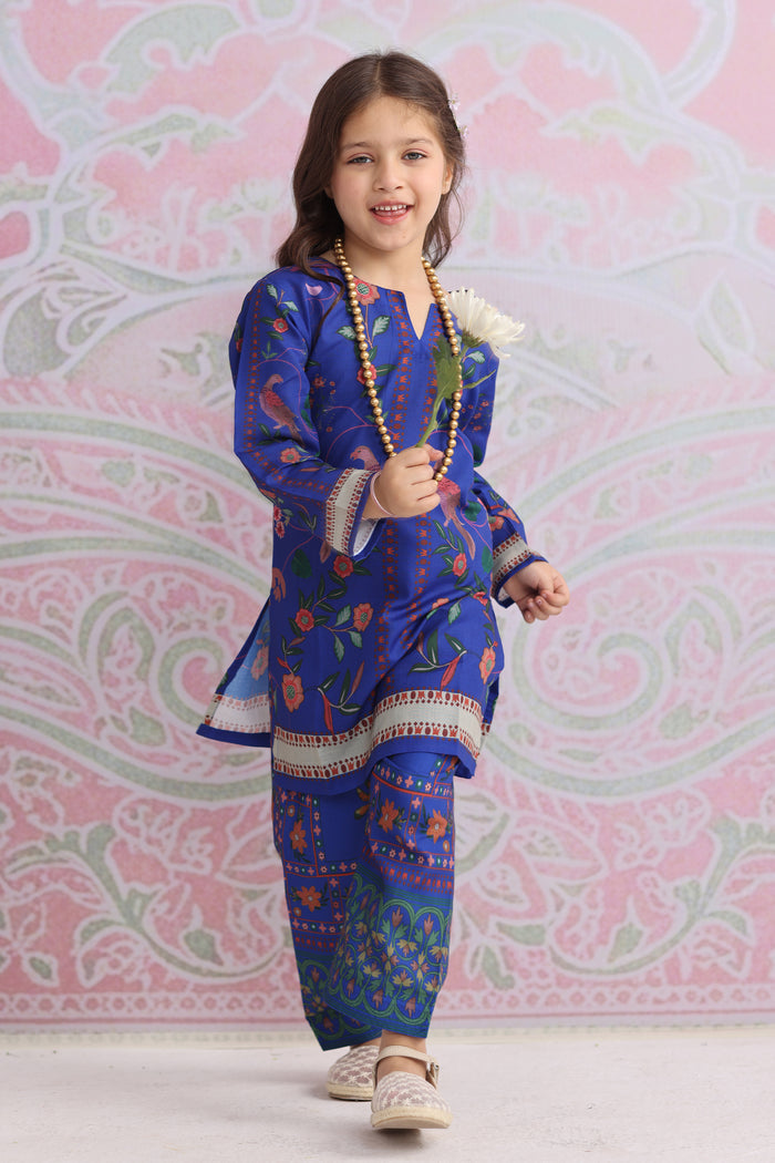 Kids Royal Blue Floral Printed Lawn Cotton Co-ord Set
