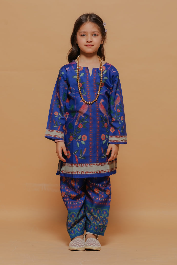 Kids Royal Blue Floral Printed Lawn Cotton Co-ord Set