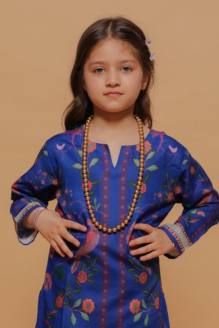 Kids Royal Blue Floral Printed Lawn Cotton Co-ord Set