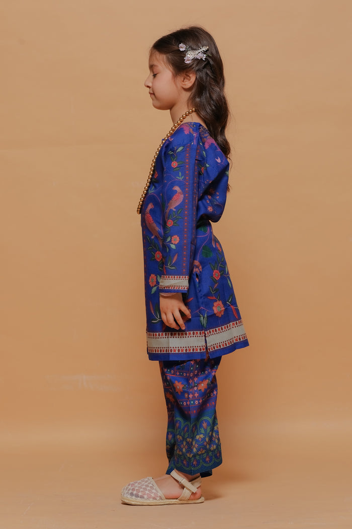 Kids Royal Blue Floral Printed Lawn Cotton Co-ord Set