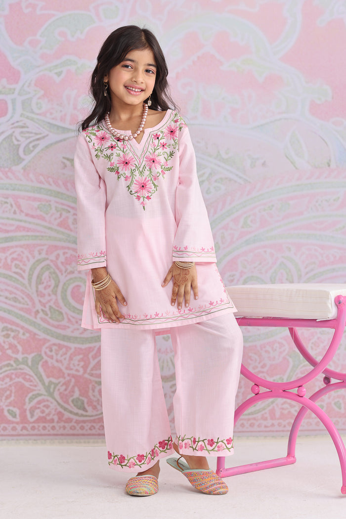 Kids Soft Pink Cotton Kurta Set with Kashmiri Aari Work