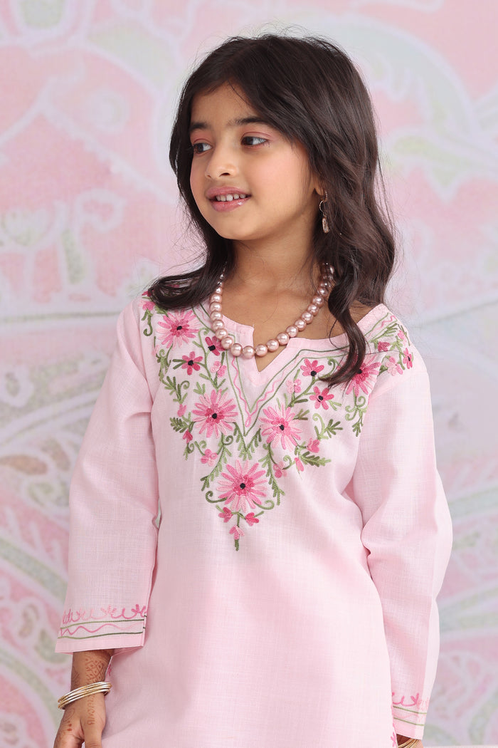 Kids Soft Pink Cotton Kurta Set with Kashmiri Aari Work