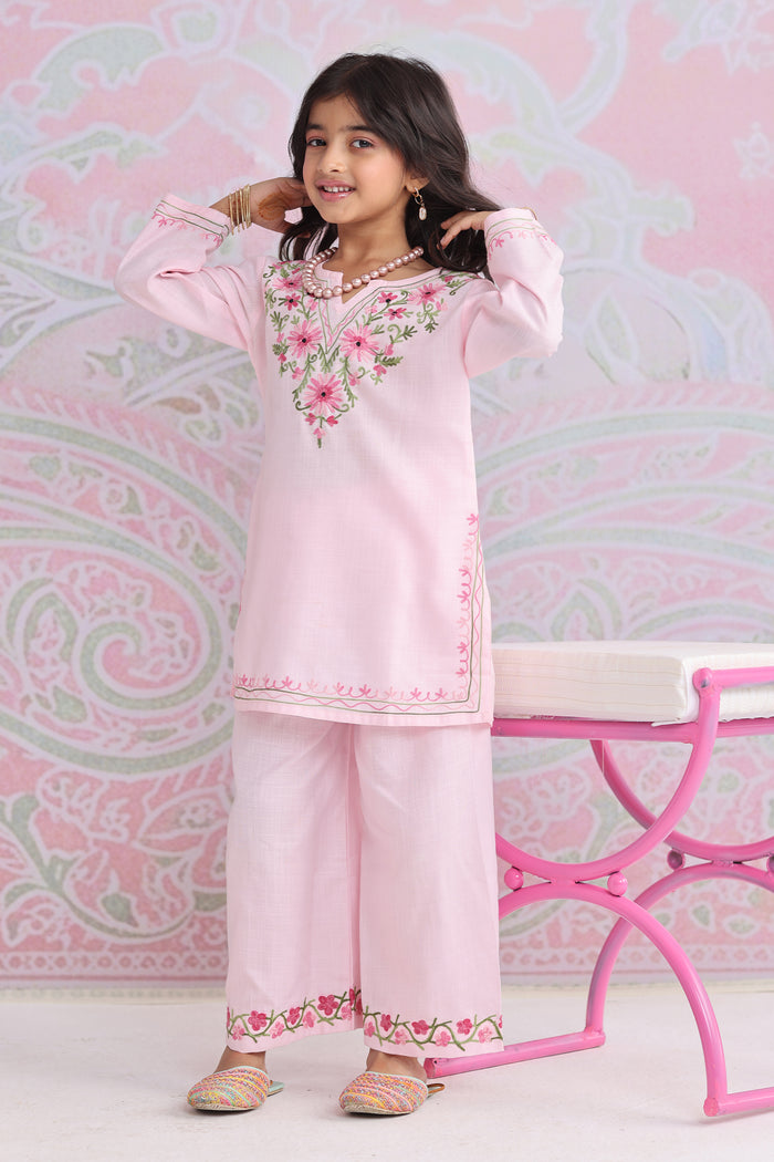 Kids Soft Pink Cotton Kurta Set with Kashmiri Aari Work