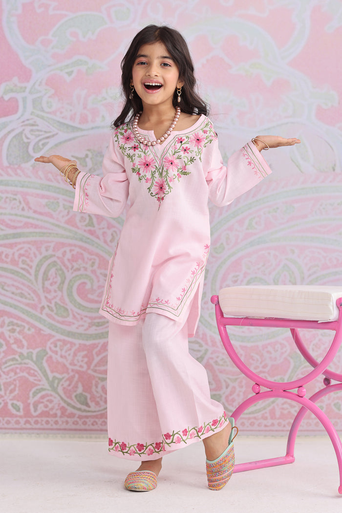 Kids Soft Pink Cotton Kurta Set with Kashmiri Aari Work