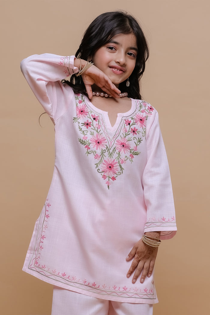 Kids Soft Pink Cotton Kurta Set with Kashmiri Aari Work