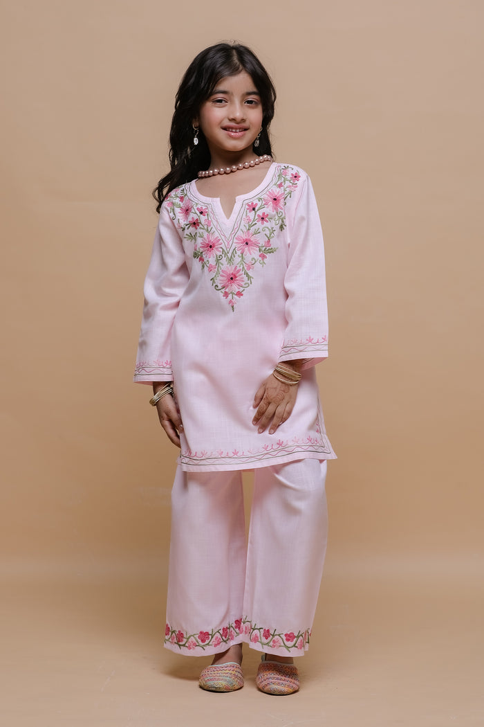 Kids Soft Pink Cotton Kurta Set with Kashmiri Aari Work