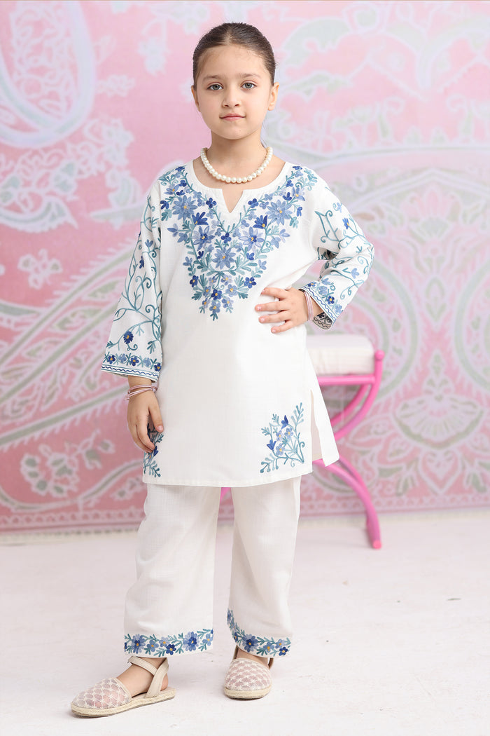 Kids White Cotton Kurta Set with Kashmiri Aari Work