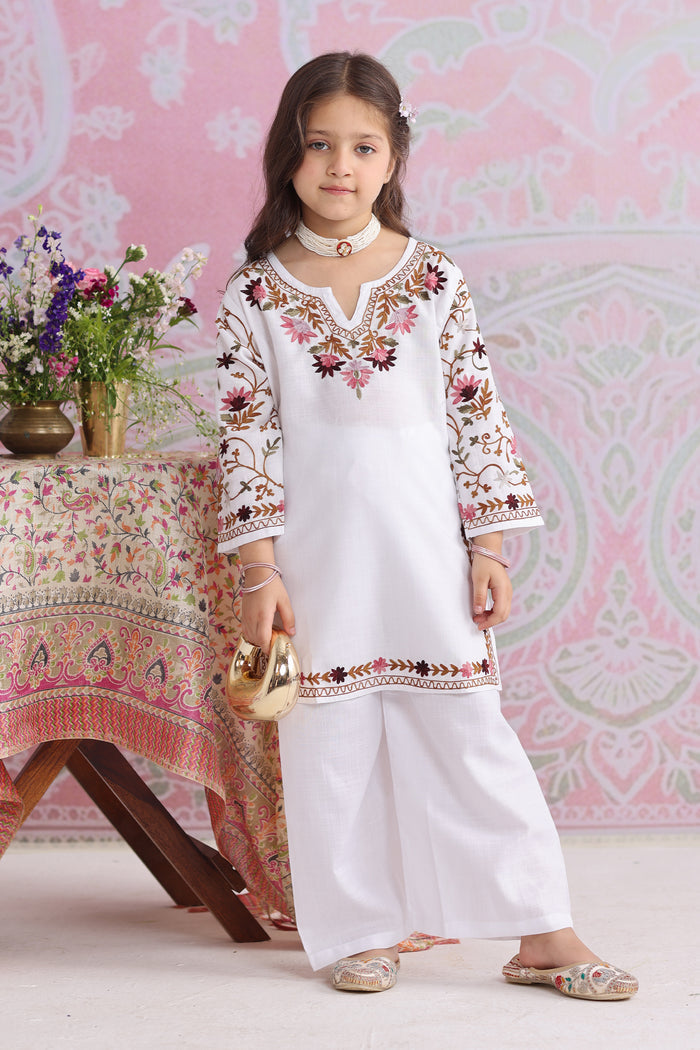 Kids White Cotton Kurta Set with Kashmiri Aari Work