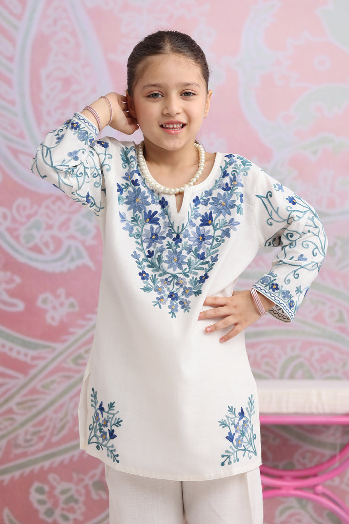 Kids White Cotton Kurta Set with Kashmiri Aari Work