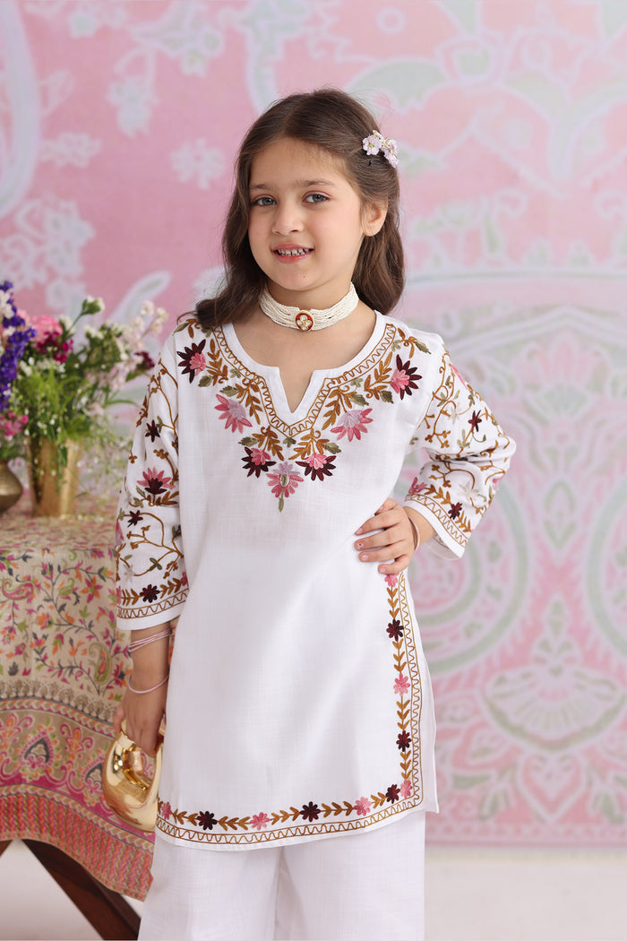 Kids White Cotton Kurta Set with Kashmiri Aari Work