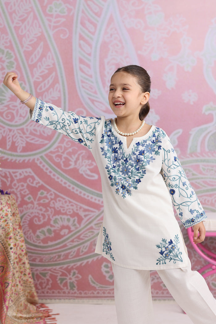 Kids White Cotton Kurta Set with Kashmiri Aari Work