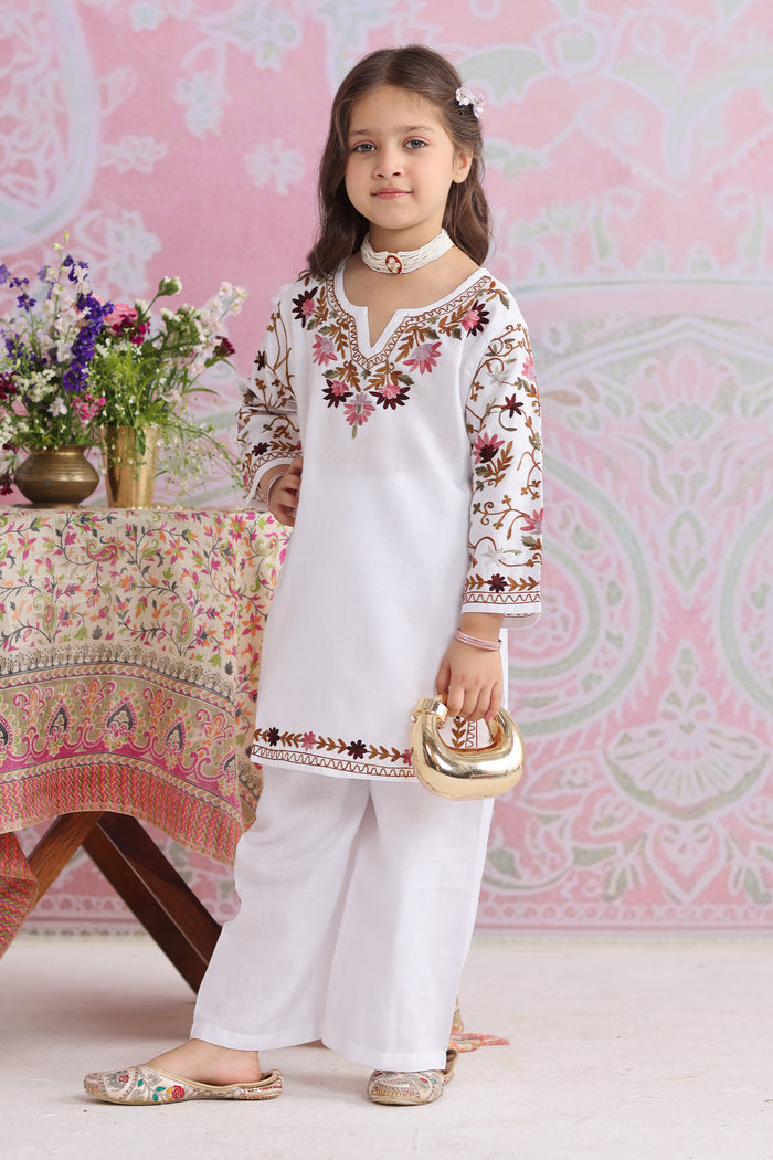 Kids White Cotton Kurta Set with Kashmiri Aari Work