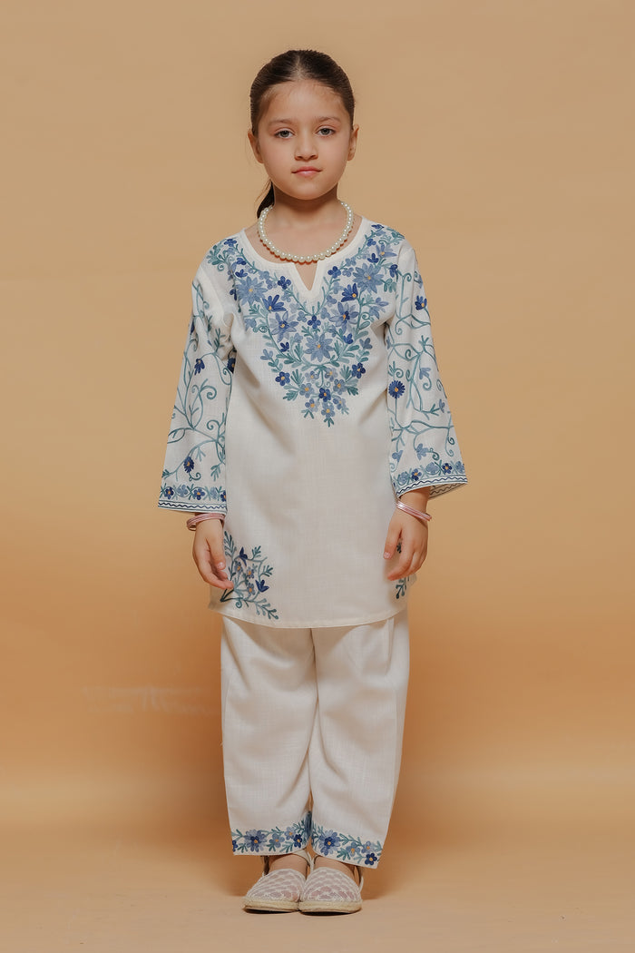 Kids White Cotton Kurta Set with Kashmiri Aari Work