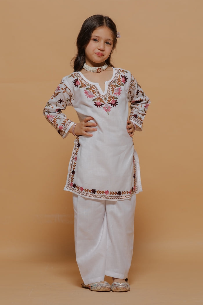 Kids White Cotton Kurta Set with Kashmiri Aari Work