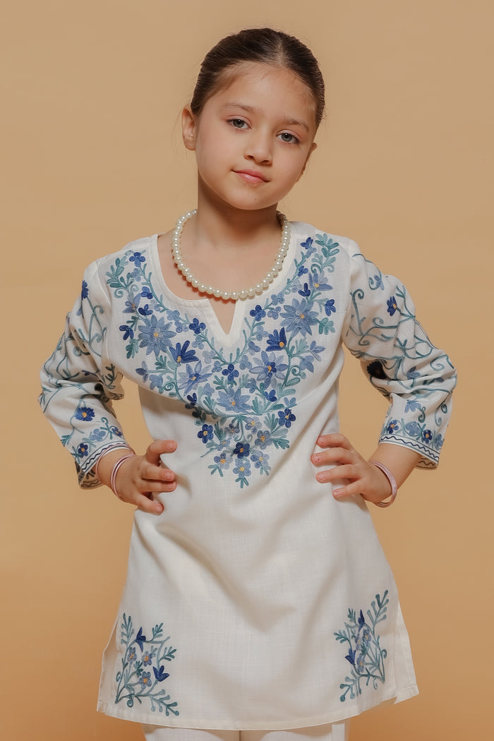 Kids White Cotton Kurta Set with Kashmiri Aari Work