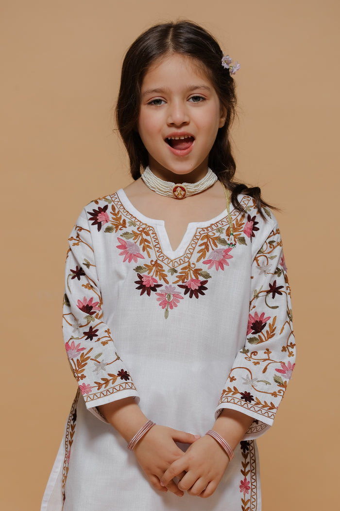 Kids White Cotton Kurta Set with Kashmiri Aari Work
