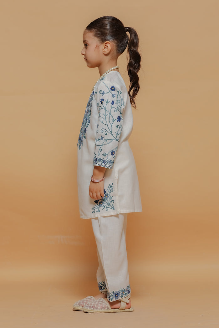 Kids White Cotton Kurta Set with Kashmiri Aari Work