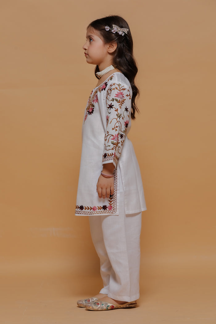 Kids White Cotton Kurta Set with Kashmiri Aari Work