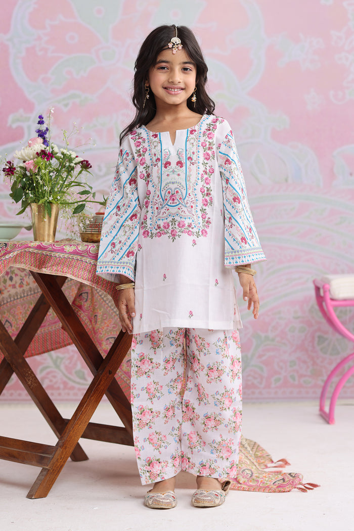 Kids White Floral Printed Lawn Cotton Co-ord Set