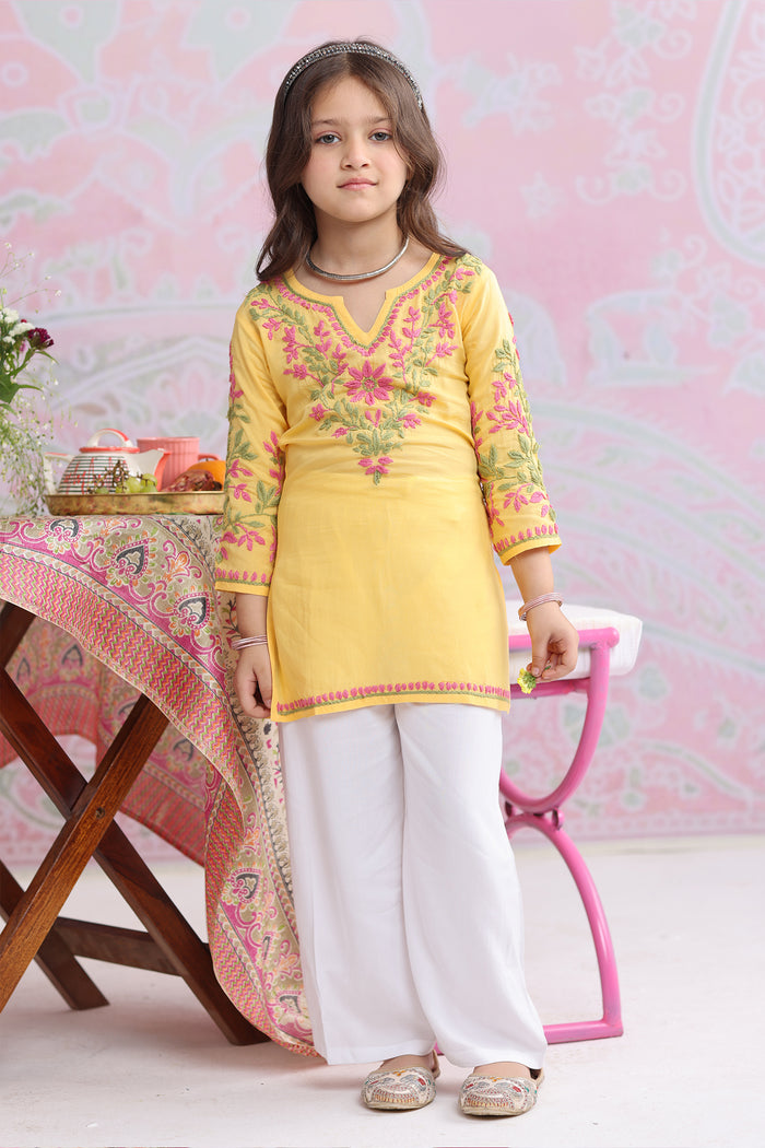 Kids Yellow Hand-Embroidered Chikankari Cotton Long Kurta