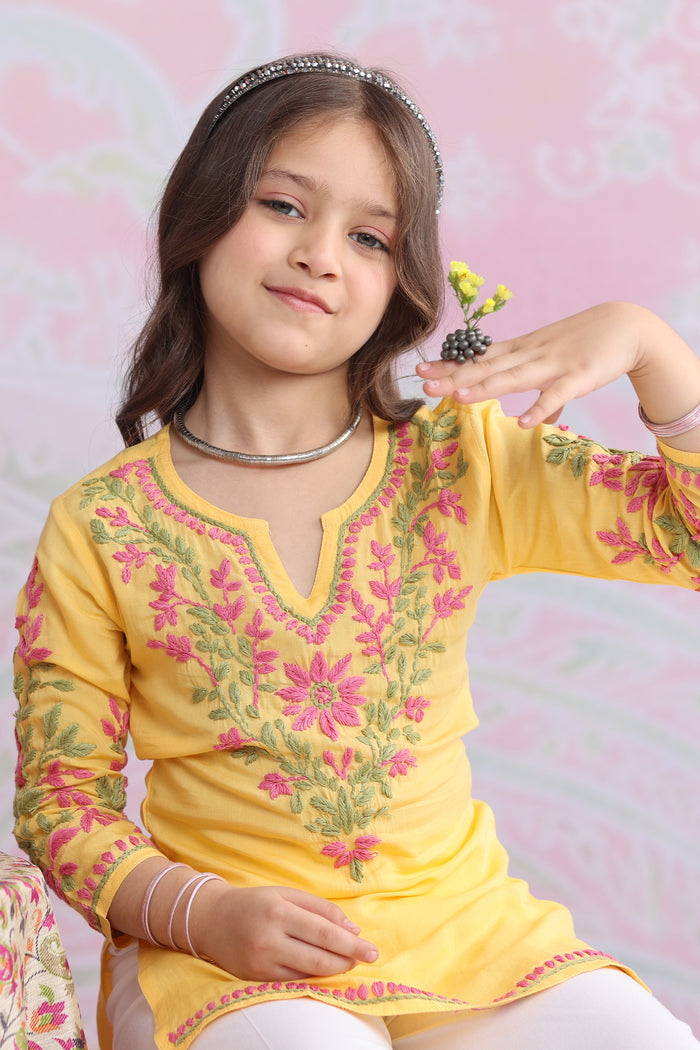 Kids Yellow Hand-Embroidered Chikankari Cotton Long Kurta