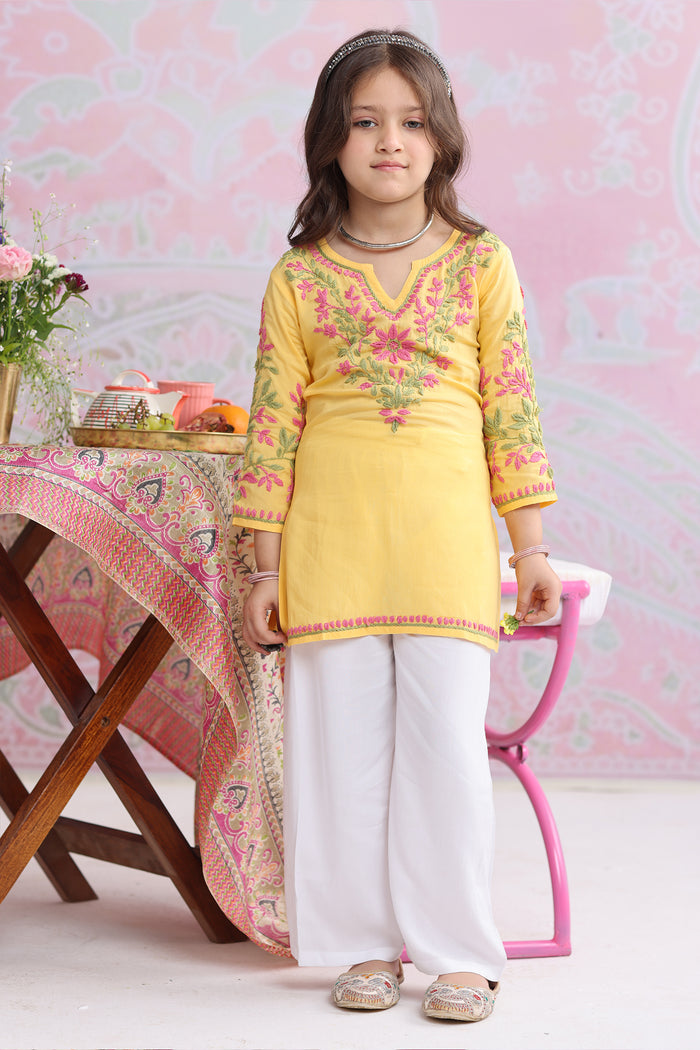 Kids Yellow Hand-Embroidered Chikankari Cotton Long Kurta