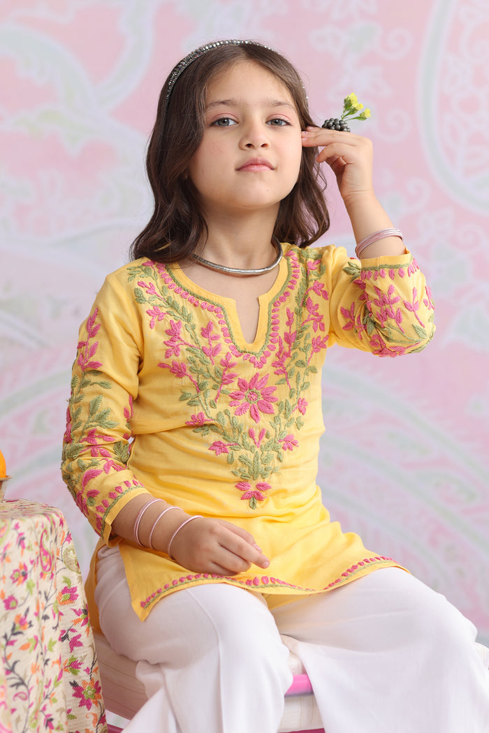 Kids Yellow Hand-Embroidered Chikankari Cotton Long Kurta