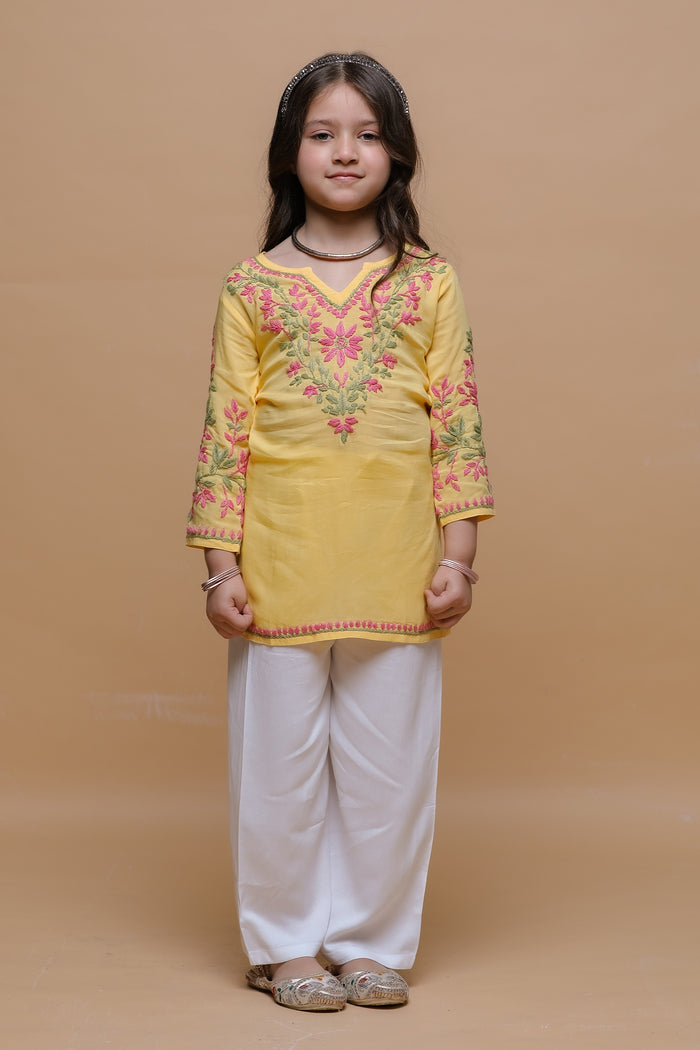Kids Yellow Hand-Embroidered Chikankari Cotton Long Kurta