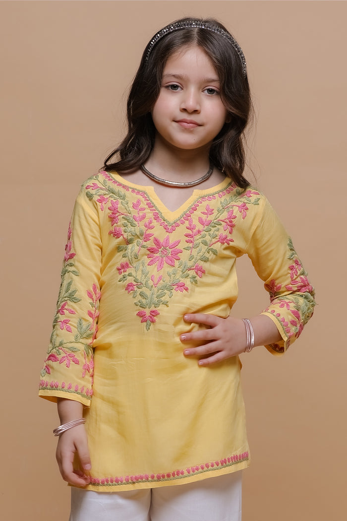 Kids Yellow Hand-Embroidered Chikankari Cotton Long Kurta