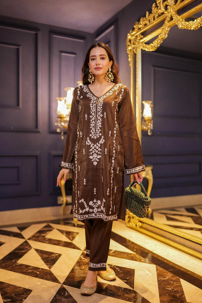 Komal X HOK Chikankari Kurta Set in Viscose – Brown