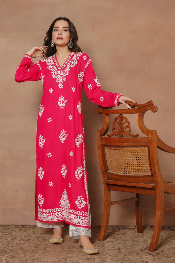 Komal x HOK Cotton Blossom Chikankari V-Neck Kurta - Pink