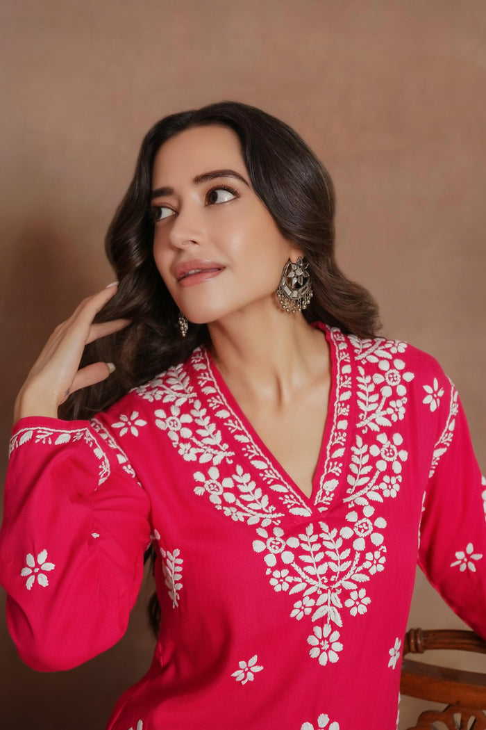 Komal x HOK Cotton Blossom Chikankari V-Neck Kurta - Pink