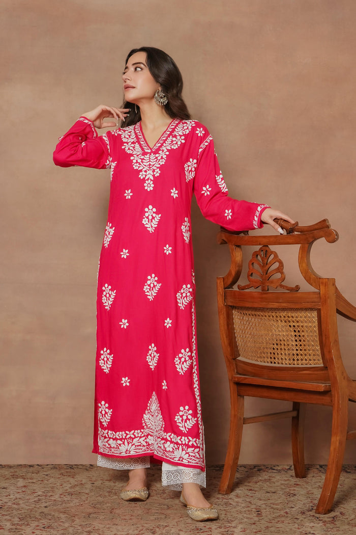 Komal x HOK Cotton Blossom Chikankari V-Neck Kurta - Pink