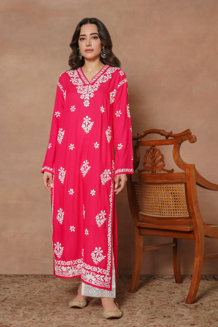 Komal x HOK Cotton Blossom Chikankari V-Neck Kurta - Pink