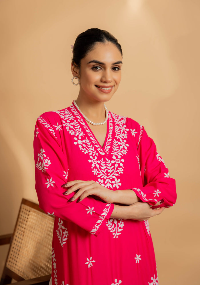 Komal x HOK Cotton Blossom Chikankari V-Neck Kurta - Pink