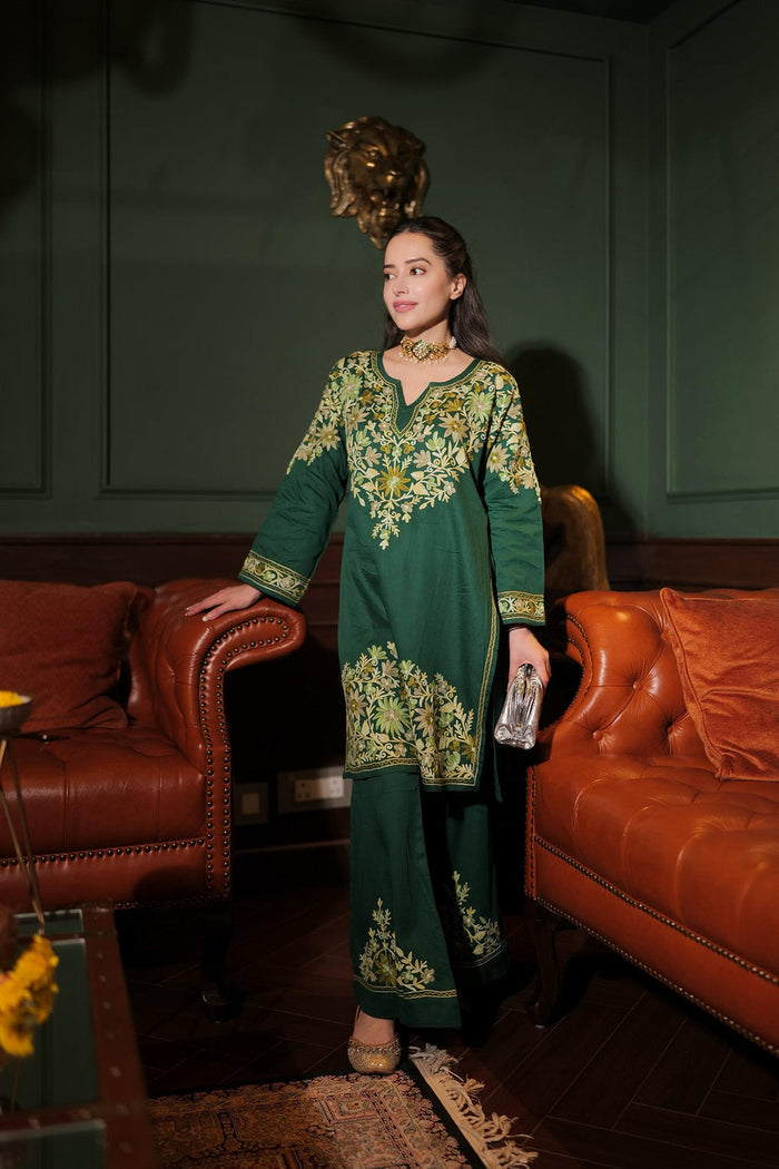Komal X HOK Kashmiri Aari Embroidered Kurta Set with Bellbottom Pants in Green Cotton Silk